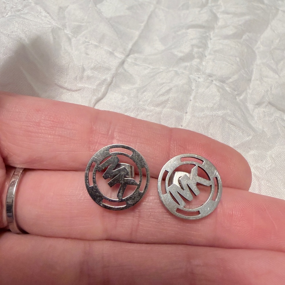 Michael Kors Silver MK Cutout Round Stud Earrings